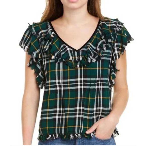 Faherty Yosepha Ivy Womens Green Plaid Blouse Short Sleeve Fringe Size Large - Picture 1 of 9